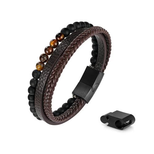 FOCOOG Leather Bead Bracelets for Men, Natural Tiger Eye Lava Rock Stone Bead Magnetic Clasp Adjustable Leather Bracelets Stress Relief Mens Anxiety Bracelet Mens Jewelry Gifts - style: Brown Leather-Matte Agate&Tiger Eye
