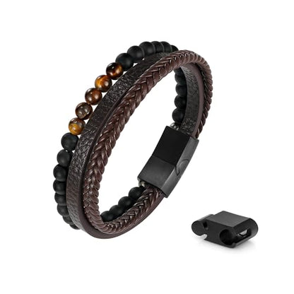 FOCOOG Leather Bead Bracelets for Men, Natural Tiger Eye Lava Rock Stone Bead Magnetic Clasp Adjustable Leather Bracelets Stress Relief Mens Anxiety Bracelet Mens Jewelry Gifts - style: Brown Leather-Matte Agate&Tiger Eye