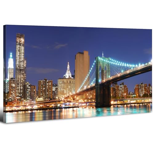 Colorful Brooklyn Bridge Panoramic Canvas Wall Art New York Night View Picture for Living Room NYC Building City Skyscraper Architectures Cityscape Modern Artwork Office Bedroom Home Decoration 20x40" - color: Brooklyn Bridge, size: 40"L x 20"W