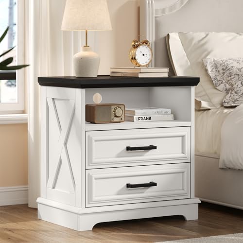 knoworld 24 Inch Wide Farmhouse Nightstands with Charging Station, White Nightstand with 2 Large Drawers, Rustic Wood End Table for Bedroom - color: White 2 Drawers, size: 1 Pack