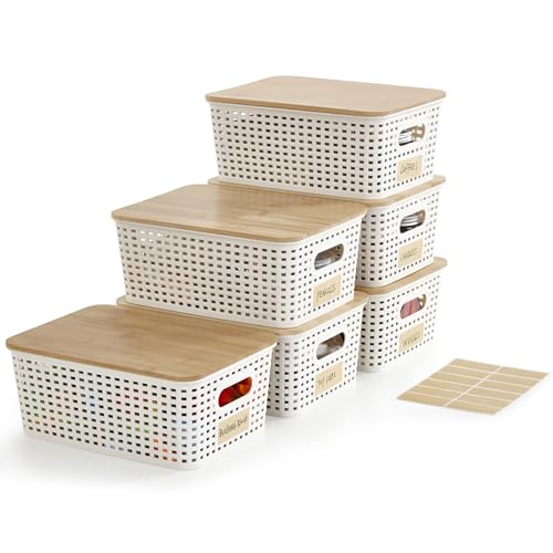 Bagnizer Small Plastic Storage Bins with Bamboo Lids 5.2qt Stackable Box Basket Pantry Decorative Containers Cute with Labels for Organizing Desktop Closet Office Cream White of 6 packs 10*7.2*4.1" - color: Cream White, size: Small- 6 Pack