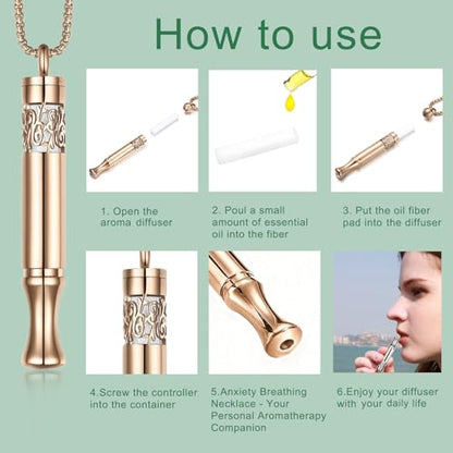 Anxiety Relief Pendant Mindfulness Breathing Necklace - Essential Oil Diffuser & Personal Inhaler Aromatherapy Necklaces for Women & Men (Rose Gold) - color: Rose Gold