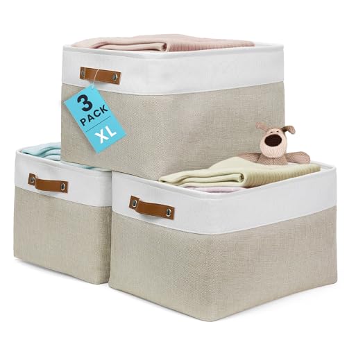 OrganiHaus 16x12.5in Canvas Storage Baskets 3 Pack | EXTRA LARGE Fabric Bins for Shelves | Linen Closet Organizer | Beige/Off-White - color: Beige / Off-White, size: Extra Large - 3pc