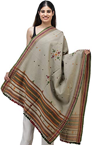 Exotic India Shawl from Kutch with Embroidered Bootis and Mirrors - Wool - color: Cobblestone