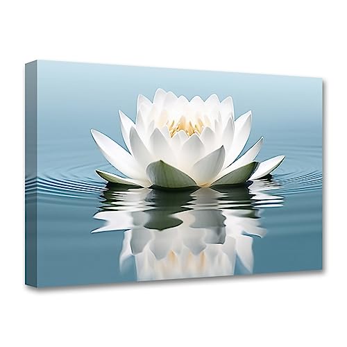 LZIMU Zen Canvas Wall Art White Lotus Flower Bloom in Water Picture Prints Teal Blue Artwork Bathroom Decor Framed for Yoga Spa Meditation Room (Zen-3, 20"x30") - color: Zen-3, size: 20"L x 30"W
