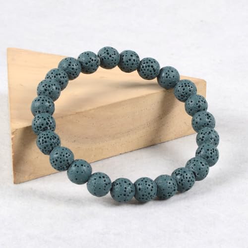 Justinstones Gem Semi Precious Gemstone 8mm Round Beads Stretch Bracelet 7 Inch Unisex - color: Dyed Dark Green Lava
