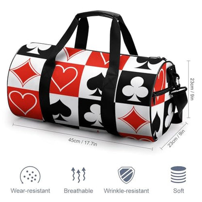 Suits Hearts Diamonds Clubs Spades Grid Poker Playing Cards Cylindrical Portable Fitness Bag, Large Capacity Handbag - color: suits hearts diamonds clubs spades Grid Poker