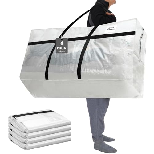Windyun 4 Pack 57 Gallon Extra Large Moving Bags XXL Heavy Duty Storage Bag with Strong Zipper Handle Jumbo Big Tote Box Foldable for College Dorm Travel Clothes Duffle Blanket Pillow(Transparent) - color: Transparent, size: 57 Gallon