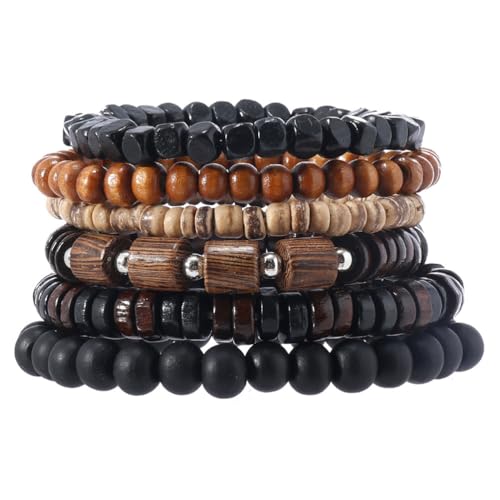 Puka Shell Bracelet for Men Wooden Bracelets Turquoise Stack Beaded Minimalist Trendy Jewelry for Friend Gift - style: 6pcs-Black