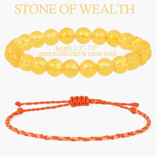 QOGIR 2pcs Handmade Healing Bracelet, Natural Gem Stone Crystal Elastic Bracelet - color: Citrine(Stone of Wealth), size: 8mm
