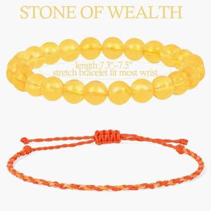 QOGIR 2pcs Handmade Healing Bracelet, Natural Gem Stone Crystal Elastic Bracelet - color: Citrine(Stone of Wealth), size: 8mm