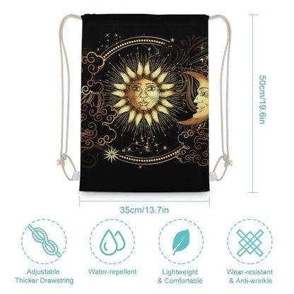 Sun Crescent Moon Stars Astrology Tarot Cards Portable Canvas Drawstring Backpack with Drawstring Pockets 35x50cm - color: Sun Crescent Moon Stars Astrology Tarot Cards, size: 35x50cm