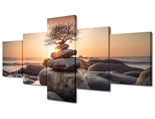 TUMOVO Pyramid of Rocks Sits on A Beach Painting Buddhist Meditates Pictures Buddhist Sculpture Wall Art 5 Pieces Canvas Wall Art Artwork Living Room Home Decor Framed Ready to Hang, 50" Wx24 H - color: Artwork-03, size: 50"Wx24"H