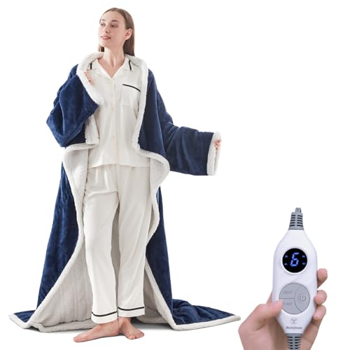 Westinghouse Electric Snuggle Throw Blankets with Foot Pocket, Wearable Heated Blanket with Sleeves, 6 Heating Levels & 2 to 10 Hours Heating Time Settings, 50 * 70"+18", Navy - color: Navy Blue&ivory, size: 70*50" Heated Snuggle Blanket