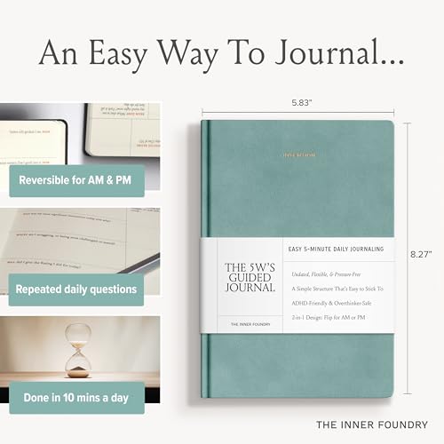 5 Minute Daily Guided Journal for Women | Low Pressure Self-Care and Wellness Journal with Prompts – 2 Sided AM & PM Entries and Brain Dump | Anxiety Relief Item & ADHD Friendly Gift - The 5W's Guided Journal - color: Duck Egg Blue