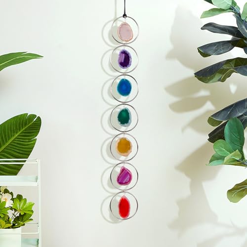 Natural Agate Slice 7 Colours Wall Decor Healing Crystal Gemstone Outdoor Indoor Window Round HangingHome Decoration Wall Hanging Decoration (Silver Color) - color: Silver, size: agate