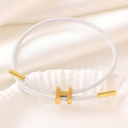 OSIRIDEH2 Bracelet with Adjustable Design Polished H Shape Buckle, Bracelets for Women, 18k Gold-plated Buckle Design Titanium Steel Wire Rope Women's Gift Jewelry - color: White Gold