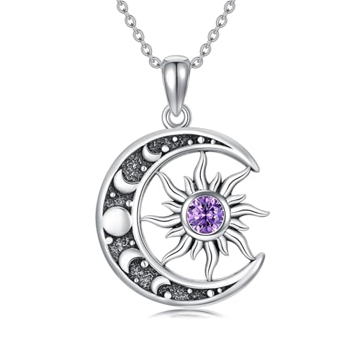 Sun and Moon Necklace 925 Sterling Silver Sun Moon Pendant Gemstone Jewelry Gifts for Women - style: February