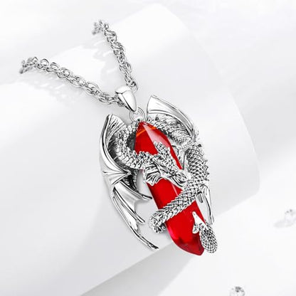 INFUSEU Unique Dragon Necklaces with Healing Crystal Stone for Men Women, Personalized Spiritual Gifts, 24 Inch Chain - color: Red