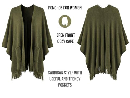 Ferand Shawl Wraps for Women, Cozy Lightweight Poncho Cape with Pockets, Warm for Fall Winter Travel - color: Army Green