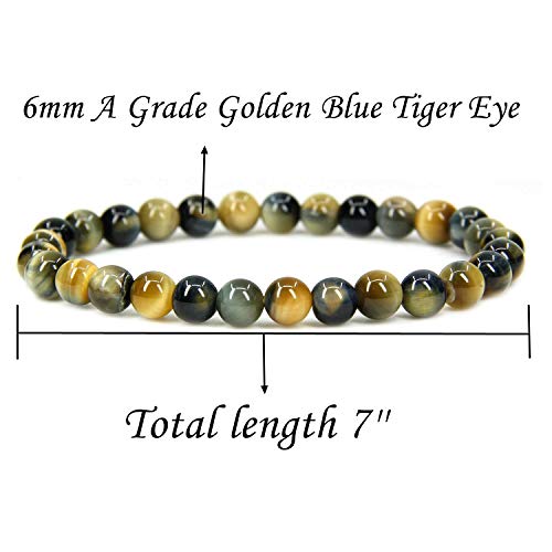 Angelstones Handmade Natural Healing Gemstone 6mm Round Beads Stretch Crystal Bracelet 7 Inch Unisex - color: Golden Blue Tiger Eye