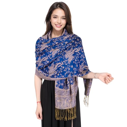 MUQU Women Pashmina Shawls and Wraps Scarf Soft Silky Reversible Paisley Scarves Shawl for Women - color: Dark Blue