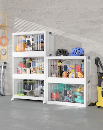 OlarHike 97QT Stackable Storage Bins with Lids - Folding Storage Box with Doors and Wheels, Collapsible Plastic Storage Drawers for Closets and Organization, Garage, 5 Pack Cubes - size: 97QT-White, style: 5Pack