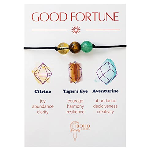 BOHO GARDEN Healing Bead Bracelets - Spiritual Crystal Beaded Bracelet - Made of 3 Real & Natural Gemstones, Adjustable 3-9.7” Black Rope - Gem Stones Jewelry for Men, Women, Teens (13+) - 8mm Bead - color: GoodFortune