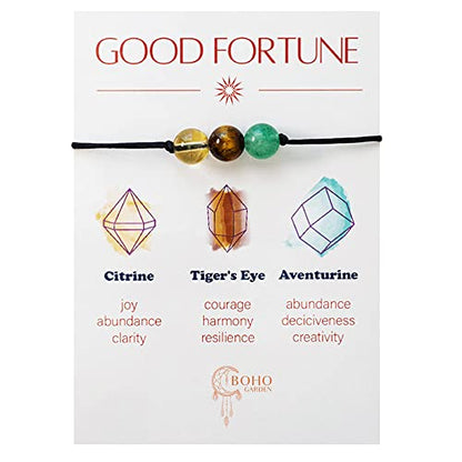 BOHO GARDEN Healing Bead Bracelets - Spiritual Crystal Beaded Bracelet - Made of 3 Real & Natural Gemstones, Adjustable 3-9.7” Black Rope - Gem Stones Jewelry for Men, Women, Teens (13+) - 8mm Bead - color: GoodFortune