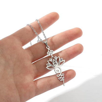 2Pcs Lotus Flower Necklace for Men Women, Vintage Alloy Hollow Meditation Jewelry, Mindfulness Calm Energy Pendant