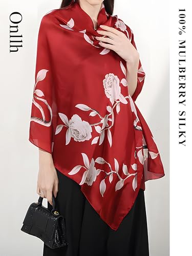 Large Shawl Scarf For Women Lightweight Wraps Silky Headscarf Long Sunscreen Scarfs - color: T19 Red Peony / 70"x 35"