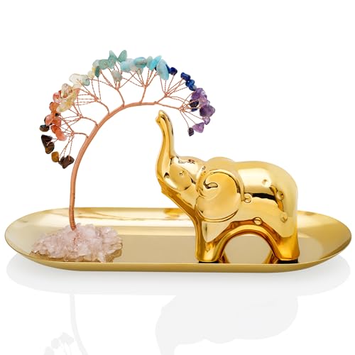ZenBless 7 Chakra Healing Crystal Tree Ceramic Elephant Decor Elephant Gifts for Women, Elephants Statues Home Decor, Yoga Meditation Zen Spiritual Room Home Shelf Decor Feng Shui Good Luck - color: Gold Elephant + 7 Chakra Tree + Gold Tray