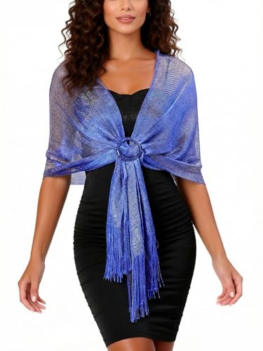 Sumolux Shawls Wraps for Evening Dresses Metallic Glitter Shawls Scarf for Women Sparkling Wedding with Free Buckle - color: Blue