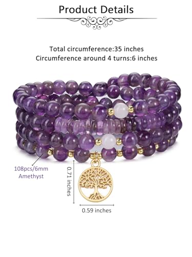 Jovivi 108 Mala Beads Bracelet Necklace, Natural Healing Crystal Stones Prayer Beads Yoga Meditation Gemstone Necklace Gold Copper Tree Life Pendant - color: Amethyst