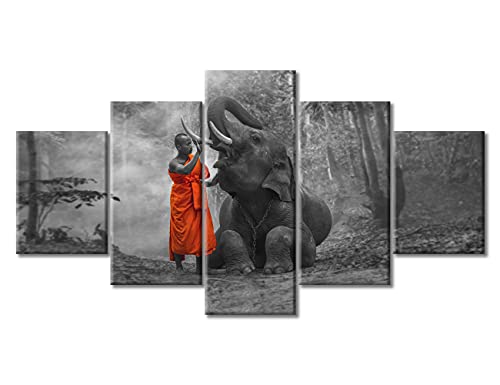 TUMOVO Wall Decorations for Living Room Thailand Zen Buddhist Home Decor 5 Panel Thailand Elephant Canvas Wall Art Paintings Bedroom Decor Giclee Modern Artwork Framed Ready to Hang (60''Wx 32''H) - color: Artwork-02, size: 60''Wx32''H