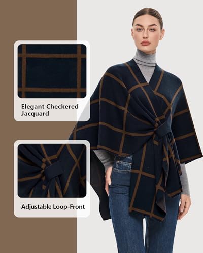 PULI Women's Elegant Shawl Wraps Soft Open Front Poncho Sweater for Spring Fall Winter - color: Classic Check-dark Slate Blue and Caramel