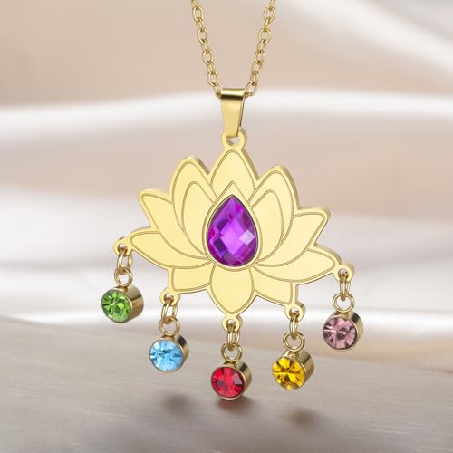 VASSAGO Lotus Necklace for Women Birthstone Pendant Lotus Flower Necklace Buddha Buddhist Unalome Symbol Amulet Yoga Spiritual Healing Jewelry Meditation Birthday Gift - color: Gold