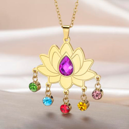 VASSAGO Lotus Necklace for Women Birthstone Pendant Lotus Flower Necklace Buddha Buddhist Unalome Symbol Amulet Yoga Spiritual Healing Jewelry Meditation Birthday Gift - color: Gold