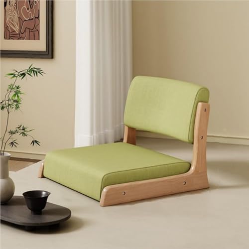 Wood Floor Meditation Chair Low Stool with Backrest Cotton Linen Cushion Ergonomic Leisure Chair for Tea Room Home Solid Construction(Green Natural) - color: Green Natural