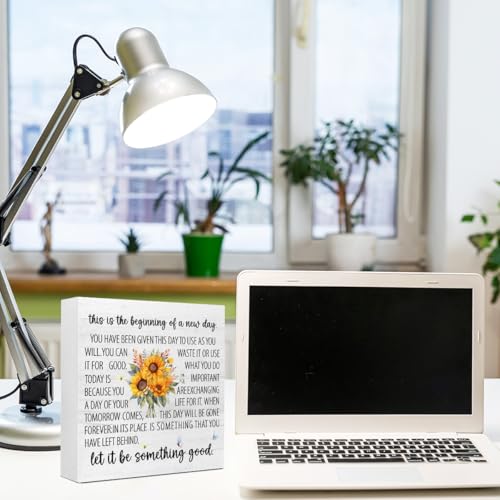 Motivational Wooden Box Sign 5x5x1 INCH, This Is The Beginning of A New Day Sign, Inspirational Office Daily Reminder Desk Decor For Work And Home - style: This Is The Beginning