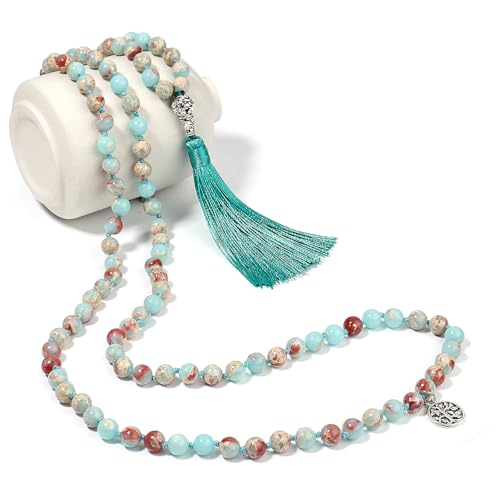 108 Mala Beads Necklace Semi-Precious Gem Stones Meditation Necklace 108 Hand Knotted Japa Mala Beaded Tassel Necklace with Tree of Life Pendant - color: Shoushan Stone