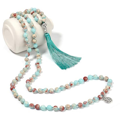 108 Mala Beads Necklace Semi-Precious Gem Stones Meditation Necklace 108 Hand Knotted Japa Mala Beaded Tassel Necklace with Tree of Life Pendant - color: Shoushan Stone