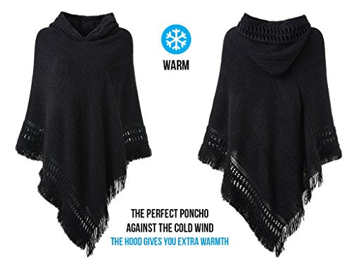 Ferand Ladies' Hooded Cape with Fringed Hem, Crochet Poncho Knitting Patterns for Women