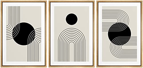 wall26 Framed Wall Art Print Set Boho Black Dots with Swirling Line Art Abstract Patterns Digital Art Modern Art Bohemian Chic Relax/Calm for Living Room, Bedroom, Office - 16"x24"x3 Natural - color: B124-2111-yui53, size: 16" x 24" x 3 Panels NATURAL