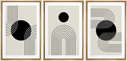 wall26 Framed Wall Art Print Set Boho Black Dots with Swirling Line Art Abstract Patterns Digital Art Modern Art Bohemian Chic Relax/Calm for Living Room, Bedroom, Office - 16"x24"x3 Natural - color: B124-2111-yui53, size: 16" x 24" x 3 Panels NATURAL
