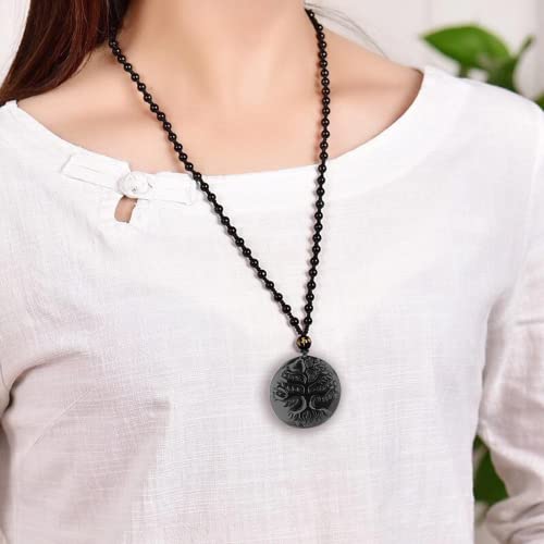 Black Obsidian Necklace Protection Pendant with Extended Bead Chain Healing Crystal Stone Amulet Necklace for Men Women - color: Tree of Life
