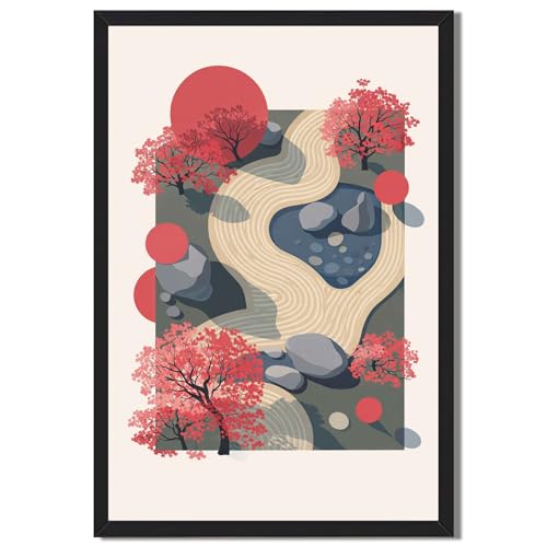 Framed Japanese Zen Garden Poster Canvas Print Art Modern Minimalist Aesthetic Wall Art Painting Pictures Wall Decor, Elegant Home Decoration for Living Room Bedroom Office (black frame,12" LX16 W)