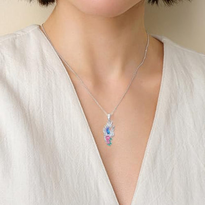 Hummingbird/Phoenix/Owl/Dove/Flamingo/Raven/Blue Jay/Cardinal/Peacock/Eagle/Parrot/Robin Necklace for Women 925 Sterling Silver Bird Pendant Necklace Animal Jewelry Gift for Mother Wife - style: Owl Necklace with Flower