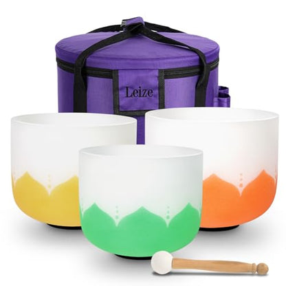 Leize 6-12 inch Lotus Design Chakra Tuned 432hz Set of 7 Quartz Crystal Singing Bowls with Heavy Duty Carrying Cases and Singing Bowl Mallet Suede Strikers - color: lotus design, size: Set of 7, 6-12", A-G Note, 432 hz
