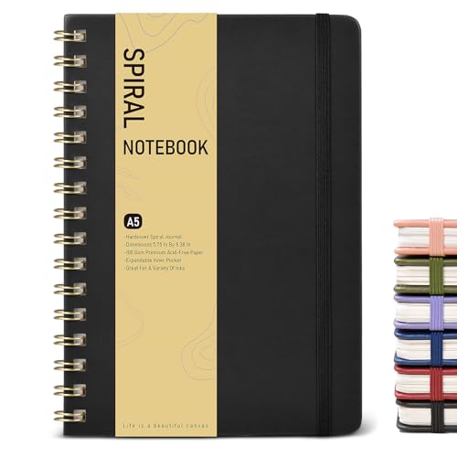 Dotted Spiral Journal Notebook, A5 Hardcover Spiral Journals for Women Men, 100 GSM Dot Grid Paper Notebooks, 150 Pages Spiral Bullet Dotted Notebook for Writing Note Taking 5.75" x 8.38" Black - color: Black, size: Dotted